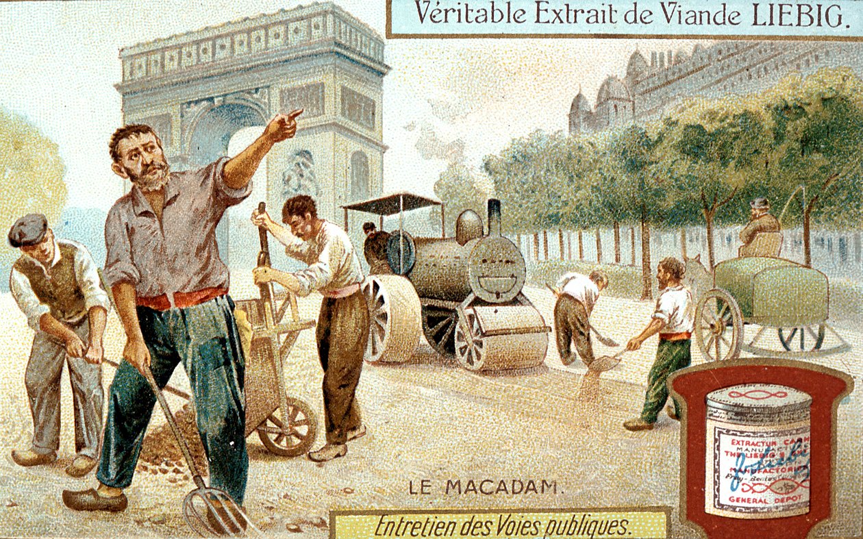 Macadam-tienpinnan laskeminen ja sen tiivistäminen höyrytiejyrällä, Paris, c1900 tekijältä Unbekannt