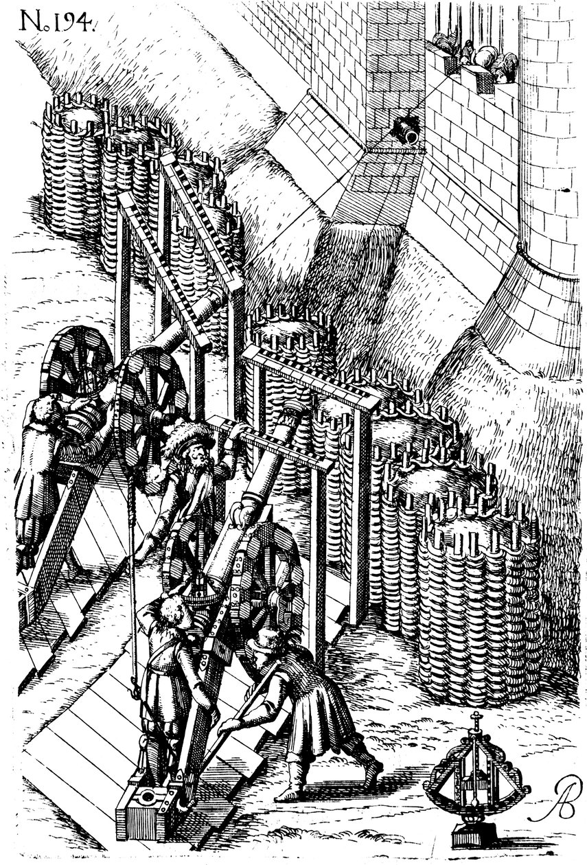 Piirityskanonin asettaminen kohteeseen, Le diverse et artificiose machine, 1620 tekijältä Unbekannt