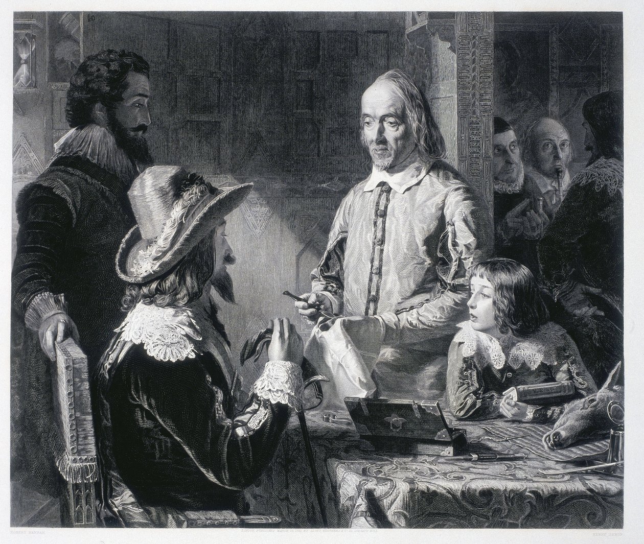 Englantilainen lääkäri William Harvey (1578-1637) esitteli Englannin kuninkaalle Charles I Stuartille (1600-1649) verenkierron teoriaa tekijältä Unbekannt