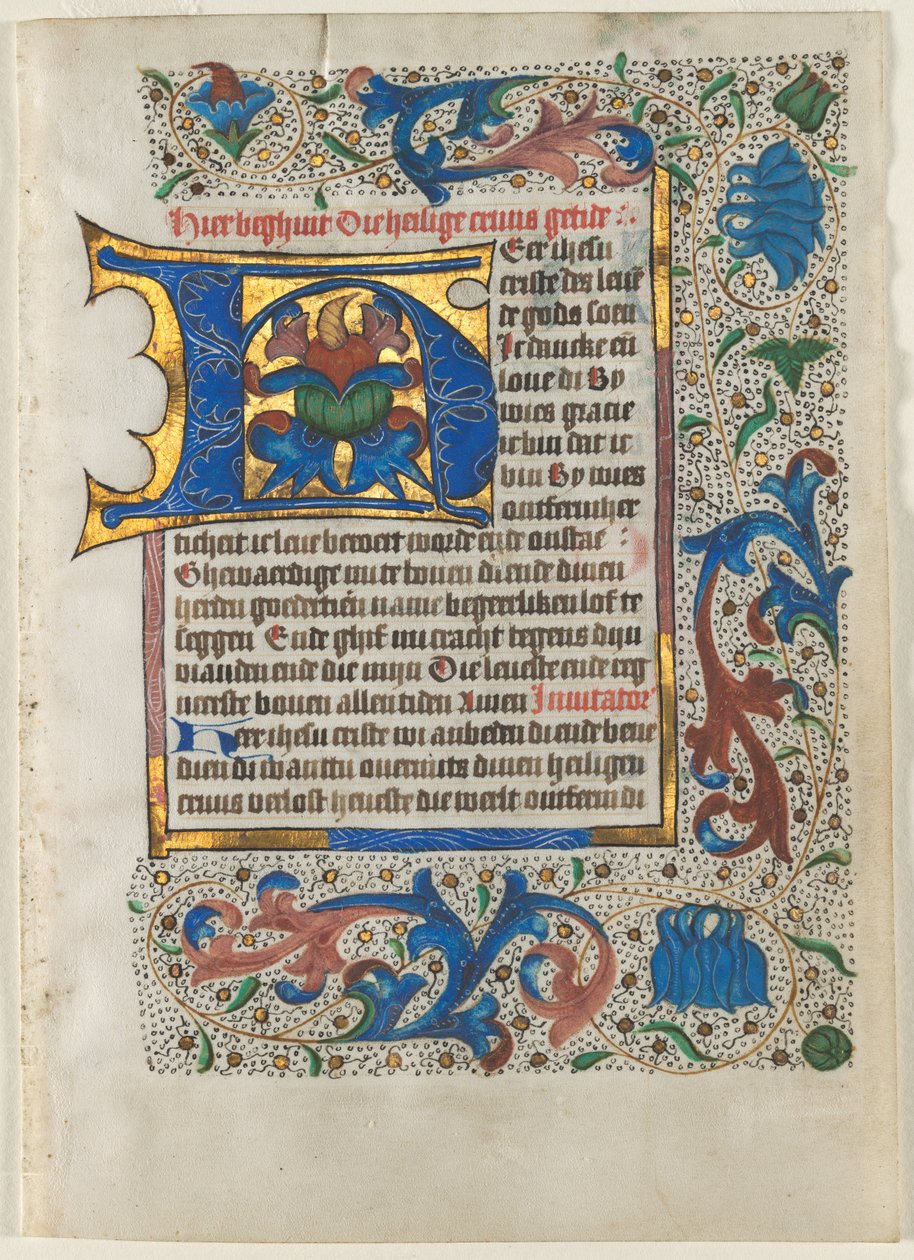 Tuntikirjasta leikattu lehti: koristeltu alkukirjain H, n. 1470-1480. tekijältä Unbekannt