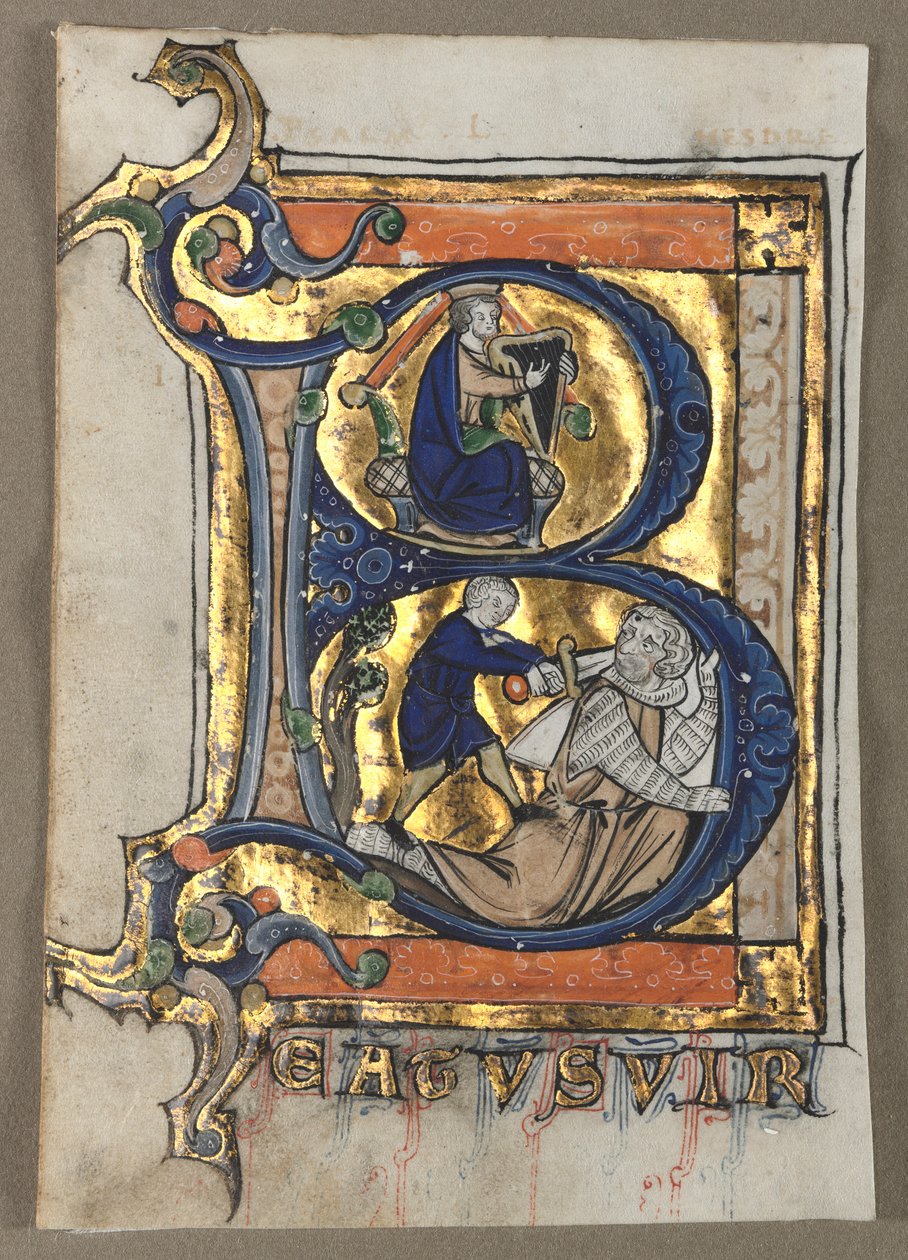 Psalterista leikattu lehti: Alkukirja B kuningas Daavidin kanssa, n. 1260. tekijältä Unbekannt