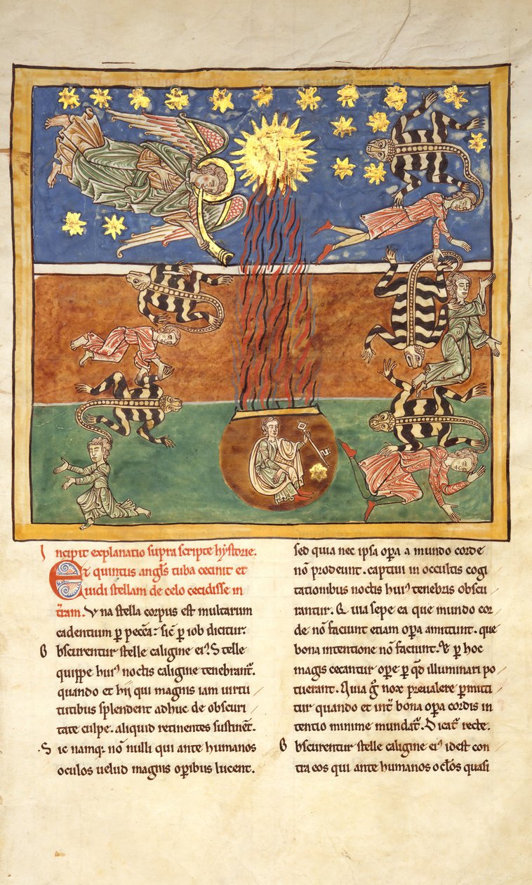 Lehti Beatus-käsikirjoituksesta: Clarion of the Fifth Angels Trumpetissa..., n. 1180. tekijältä Unbekannt