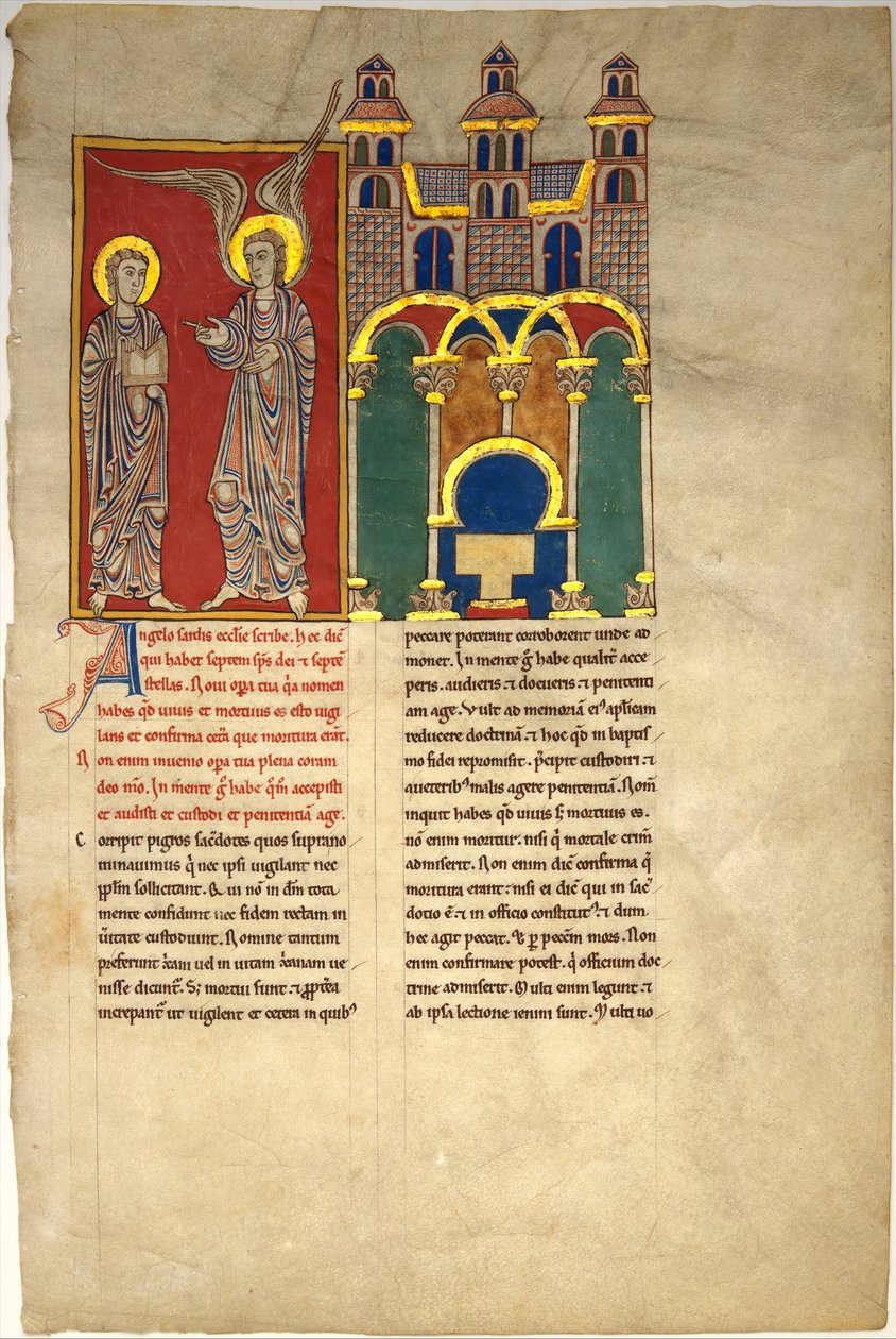 Lehti Beatus-käsikirjoituksesta: Sardiskirkon enkeli Pyhän Johanneksen kanssa, n. 1180. tekijältä Unbekannt