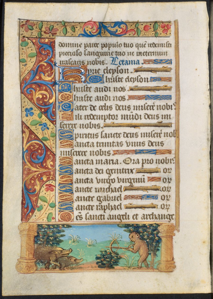 Lehti tuntikirjasta: Ape Hunting Wild Boars recto ja Ape Fishing verso , c. 1500-1510. tekijältä Unbekannt