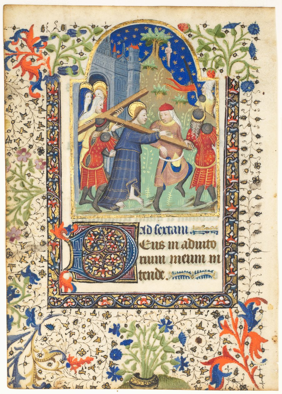 Lehti tunteiden kirjasta: Kristus kantaa ristiä Sext, Hours of the Cross, n. 1410-1420. tekijältä Unbekannt