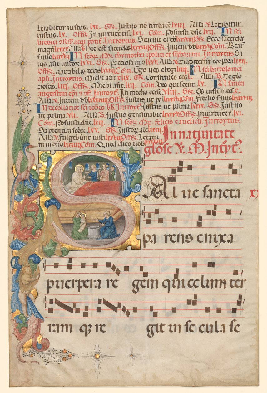 Lehti asteittaisesta: Historiated Initial S[alve Sancta Parens], jossa on Neitsyen syntymä recto, n. tekijältä Unbekannt