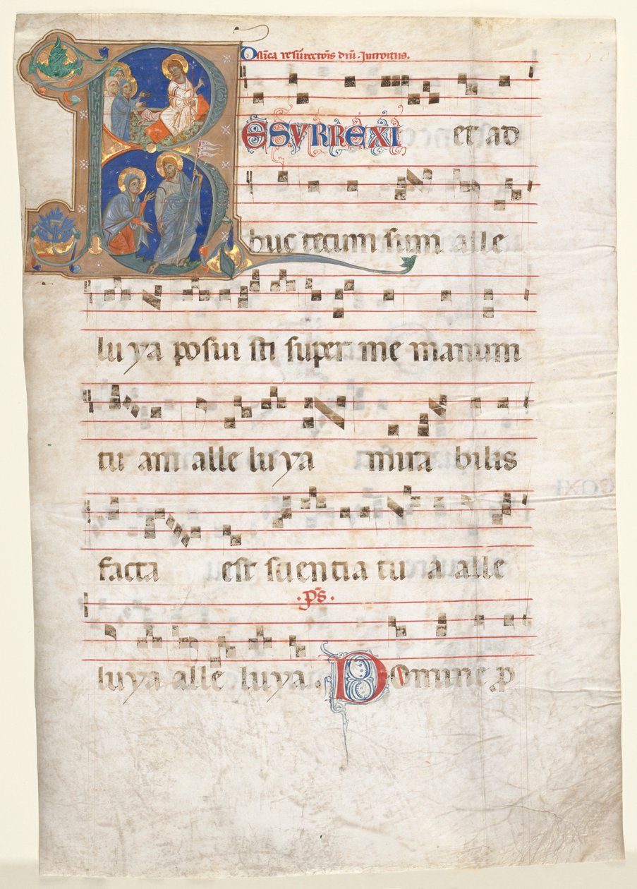 Leaf from Gradual: Initial R kanssa Three Marys at the Tomb ja Noli me Tangere, c. 1270-130 tekijältä Unbekannt