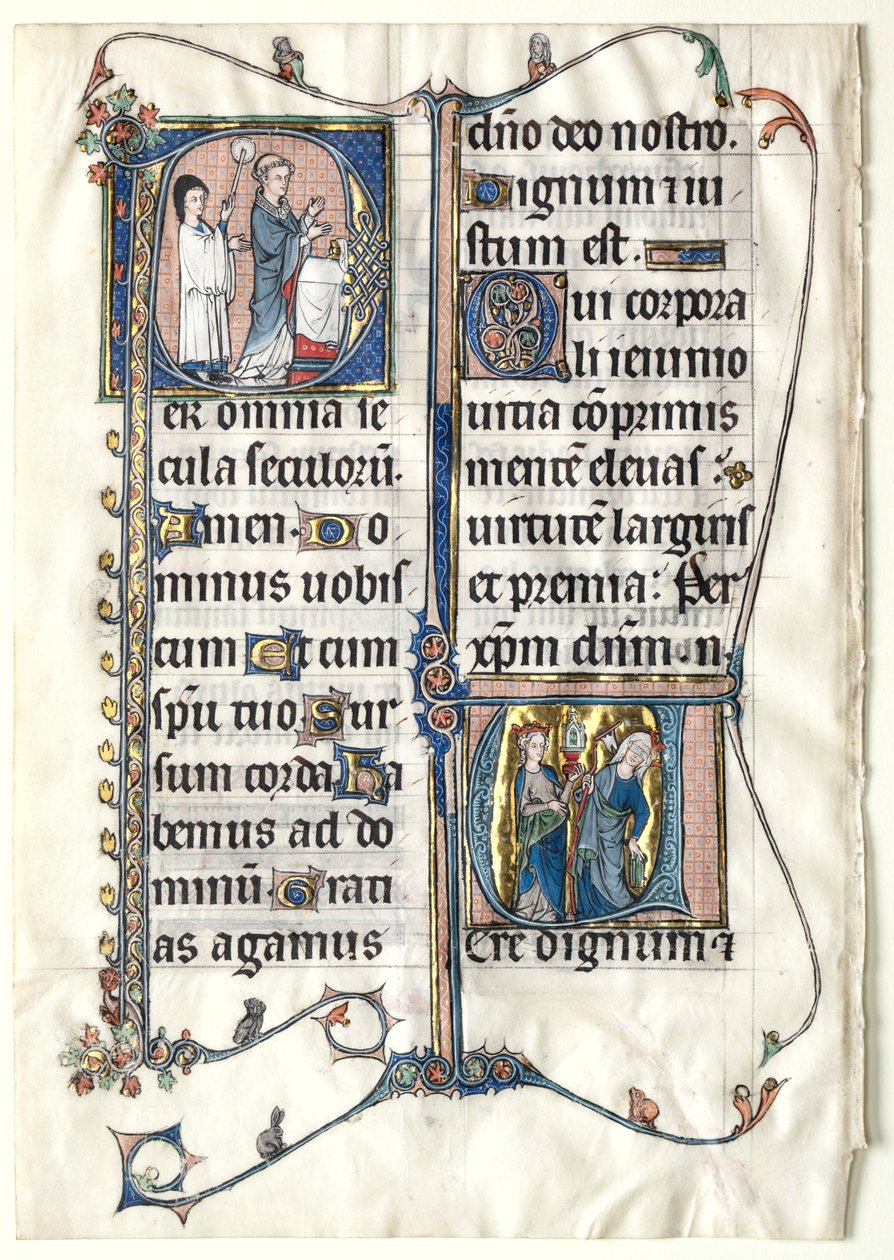 Lehti messukirjasta, jossa on kaksi historiallista alkukirjainta: Initial P[er omnia centuries saeculi]..., n. 1300 tekijältä Unbekannt