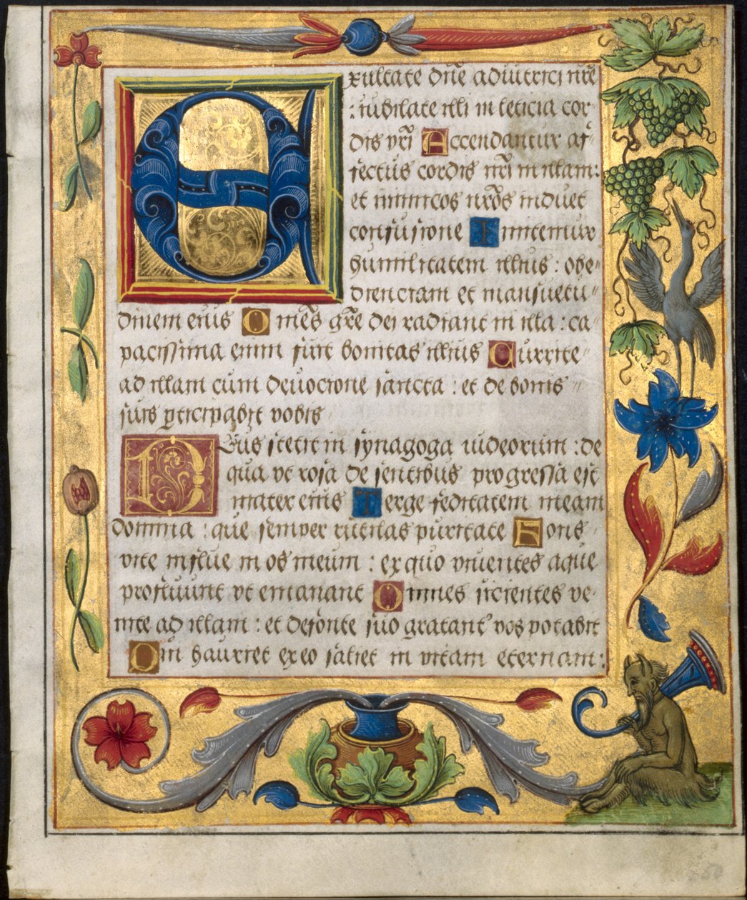 Lehti psalterista ja rukouskirjasta: Alkukirjain E koristereunuksella...recto, n. 1524. tekijältä Unbekannt