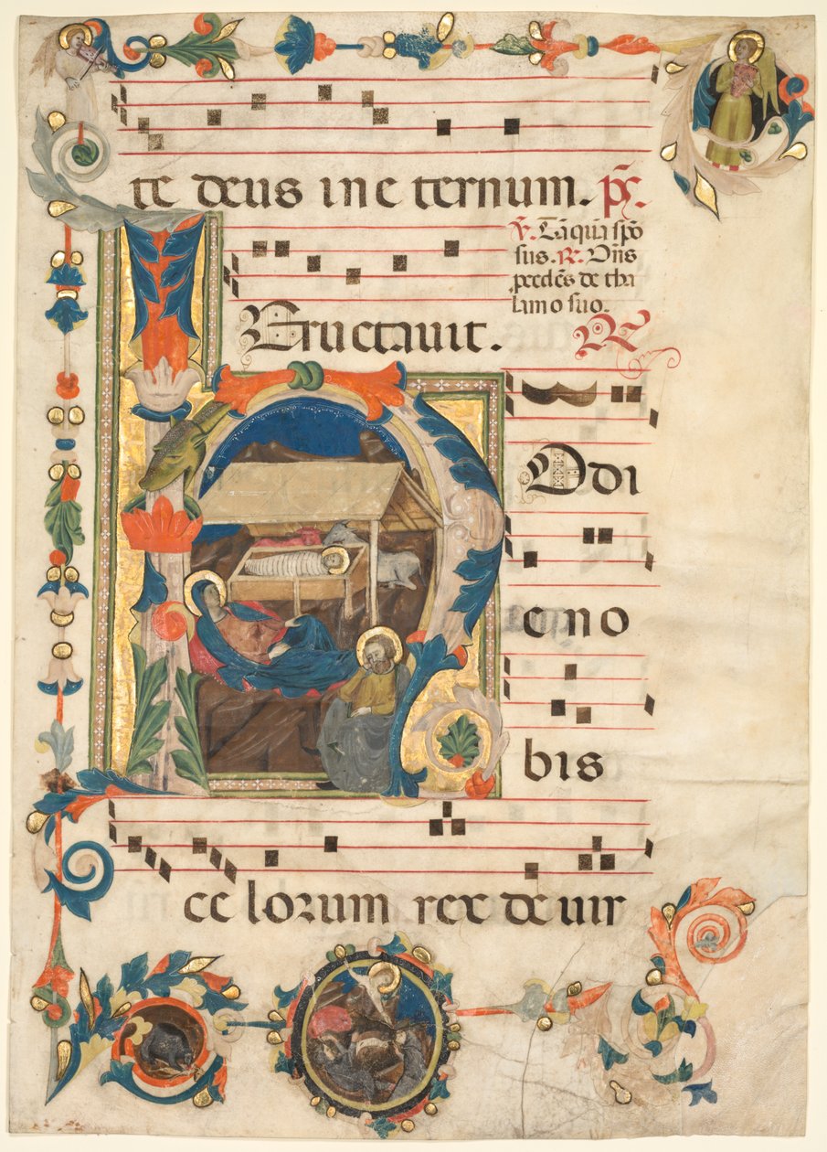 Lehti antifonaarista, jossa on Historiated Initial H sekä The Nativity recto ja Music verso. tekijältä Unbekannt