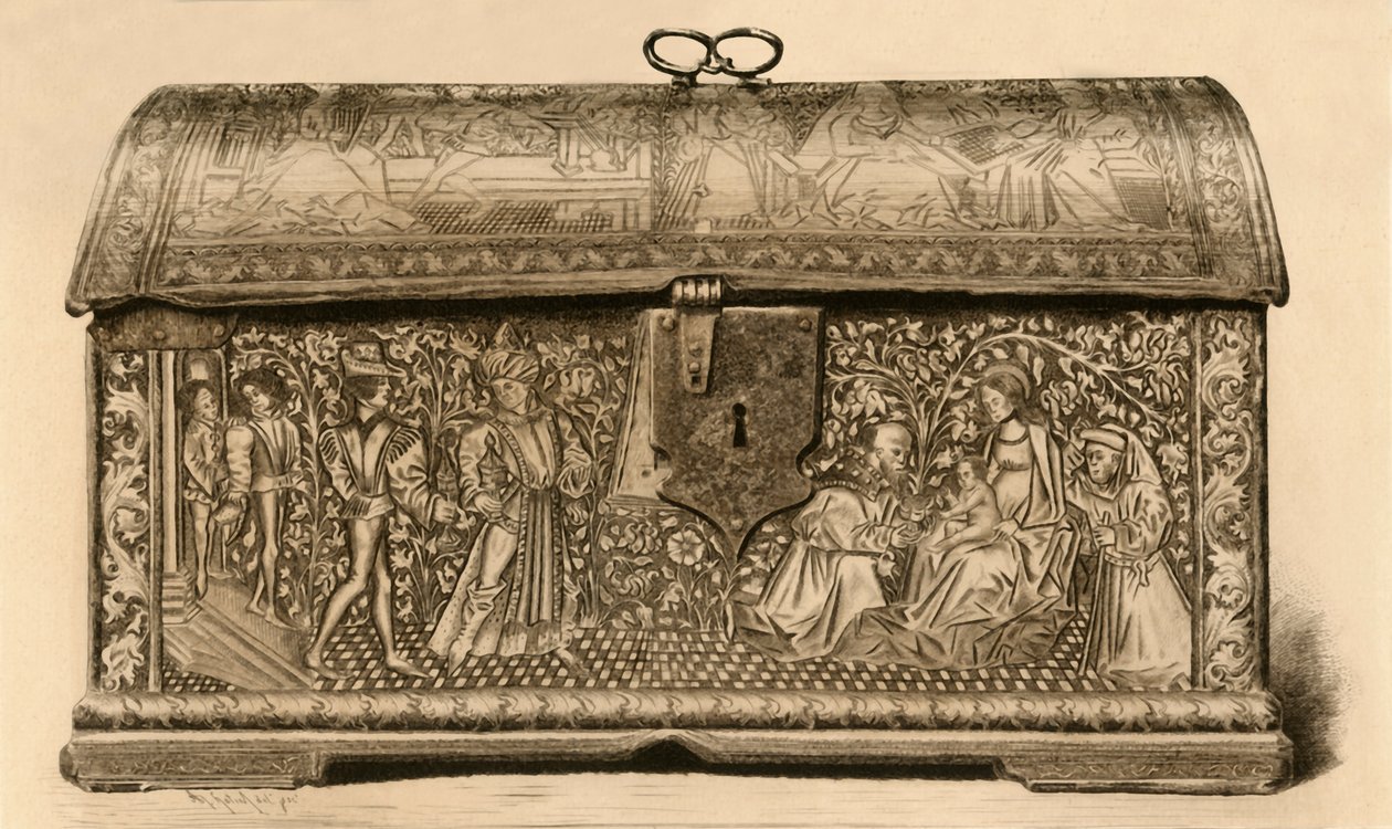Nahkaarkku, jossa viiloitettu koristelu, 1400-luku, 1903. tekijältä Unbekannt