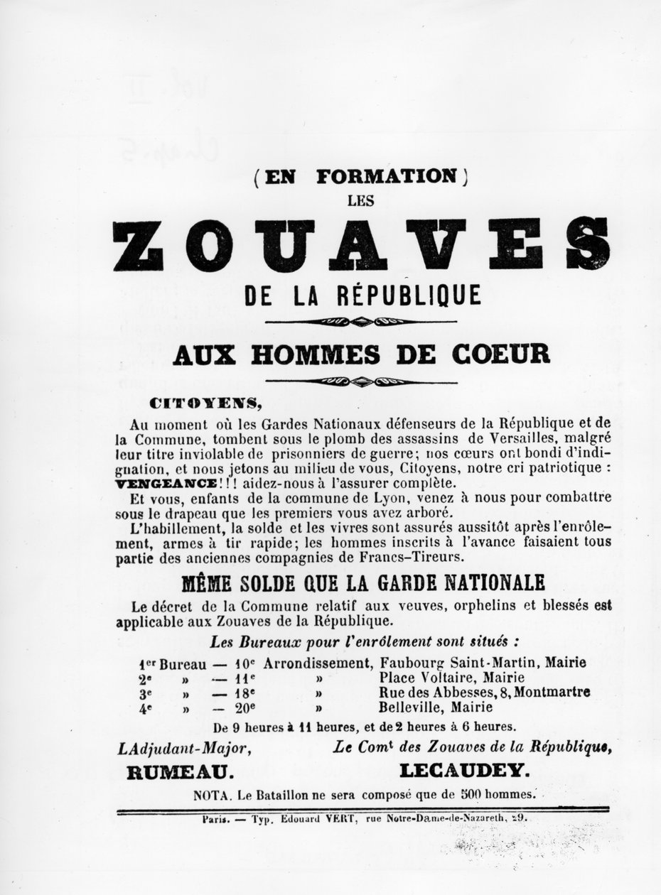 Les Zouaves, Pariisin kommuunin Ranskan poliittisista julisteista, toukokuu 1871 tekijältä Unbekannt
