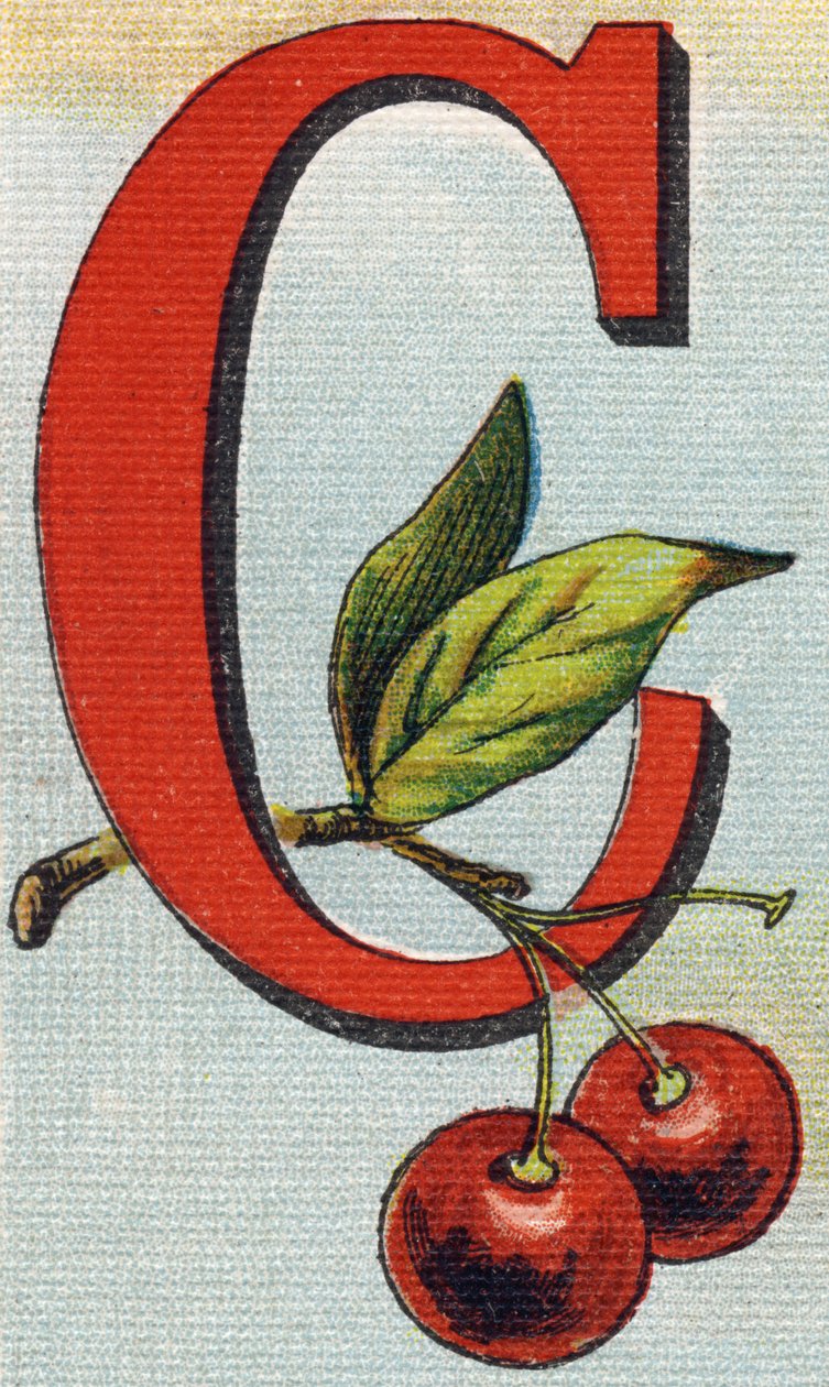 C-kirjain: kirsikat. Kaiverrus "Alphabet de ma petite fille". Bernardin-Bechet ja Fils, kirjakauppias-kustantajat, Pariisi, noin 1895. Rikkoutumaton albumi kankaalle. Bibliotheque des Bebes. 12 sivua. Albumi, joka sisältää lukumenetelmän ja havainnollisen  tekijältä Unbekannt