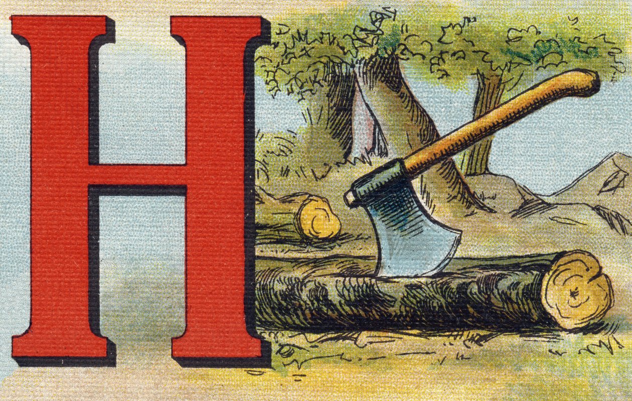 Kirjain H: kirves. Kaiverrus "Alphabet de ma petite fille". Bernardin-Bechet ja Fils, kirjakauppias-kustantajat, Pariisi, noin 1895. Rikkoutumaton albumi kankaalle. Bibliotheque des Bebes. 12 sivua. Albumi, joka sisältää lukumenetelmän ja havainnollisen ab tekijältä Unbekannt