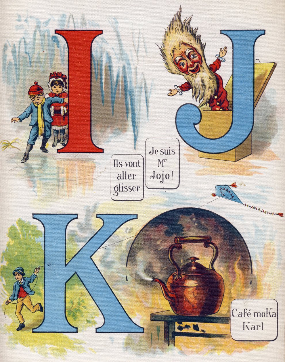 Kirje I, J ja K: He aikovat liukua, olen herra Jojo ja kahvila Moka Karl. Kaiverrus "ABC L