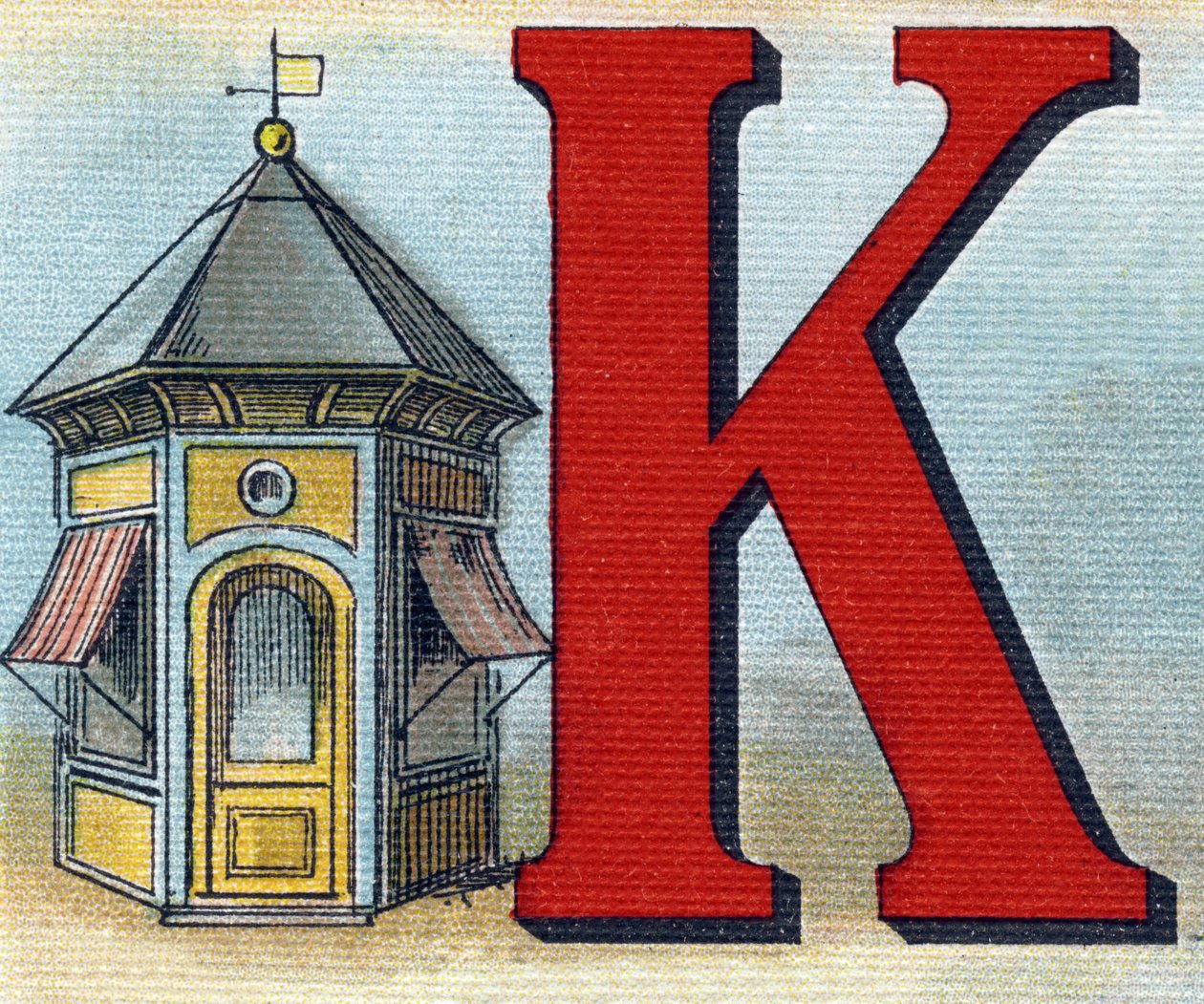 Kirjain K: kioski. Kaiverrus "Alphabet de ma petite fille". Bernardin-Bechet ja Fils, kirjakauppias-kustantajat, Pariisi, noin 1895. Rikkoutumaton albumi kankaalle. Bibliotheque des Bebes. 12 sivua. Albumi, joka sisältää lukumenetelmän ja havainnollisen ab tekijältä Unbekannt