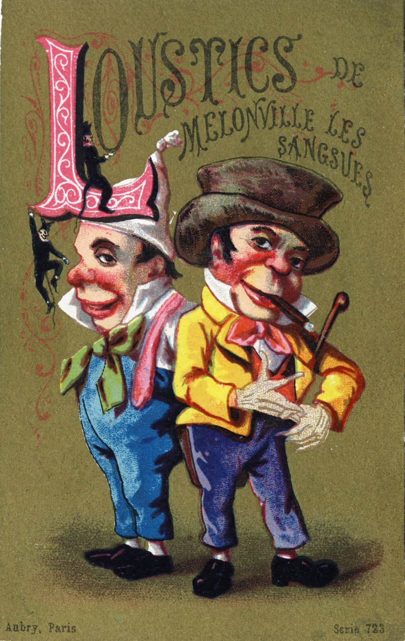 L-kirjain: Melonville Lousticsin iilimatoja. Kaiverrus kirjaimella "Alphabet des grotesques". Sarja 25 mainoskromolitografiaa dore-taustalla, 1800-luvun loppu. Mitat: 11 x 7 cm tekijältä Unbekannt