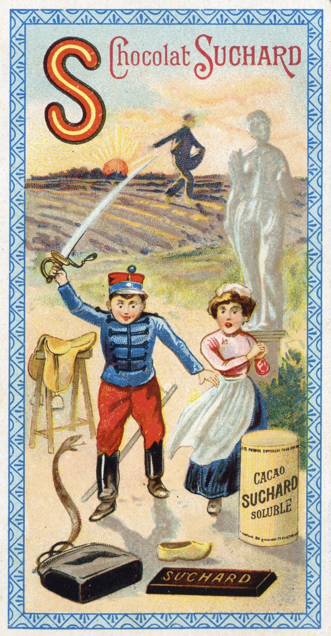 S-kirjain: aurinko, kylvö, kylväjä, palvelija, hämmästys, sotilas, miekka, satula, käärme, patsas, kavio, laukku. Chocolat Suchardin toimittama aakkosten kaiverrus, 1900-luvun alku. 24 kromolitografiaa, jotka edustavat paikkoja, hahmoja ja esineitä tekijältä Unbekannt