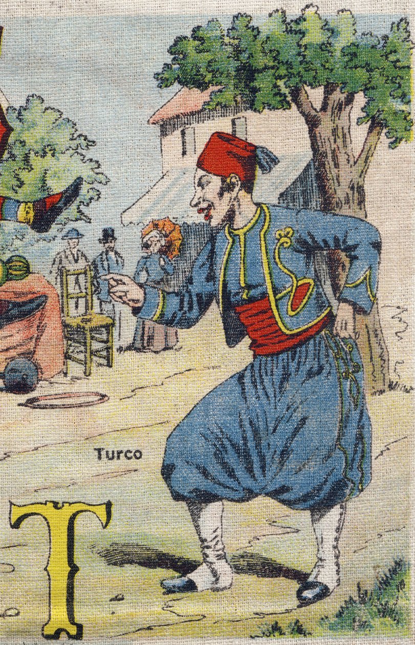 T-kirjain: Turco. Drolatic albumi. Sarjan numero 4 Albums-chromo kankaalle. Kromolitografia kudoksesta. Kuva Marcel Vagne, Jarville-Nancy, 1900-luvun alku. Mitat: 25 x 17,5 cm tekijältä Unbekannt
