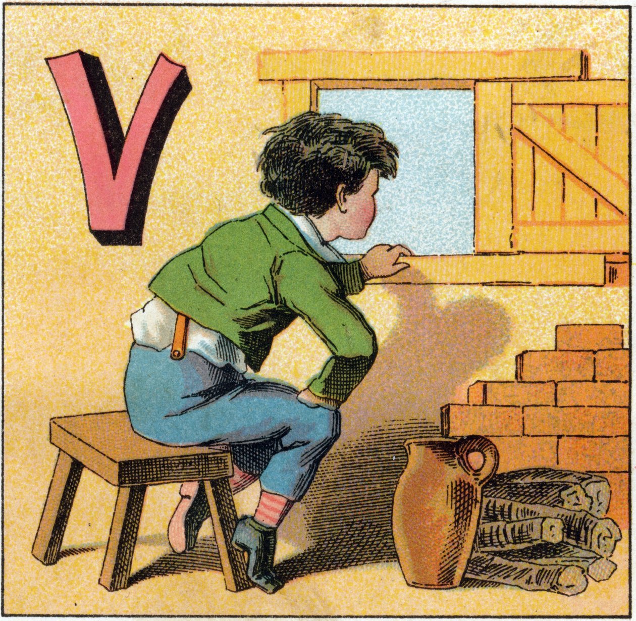 V-kirjain vasistana. Utelias lapsi katsomassa ulos ikkunasta. Kaiverrus "Alphabet des petits ecoliers". Epinalin kuva, noin 1885. Privee Collection tekijältä Unbekannt