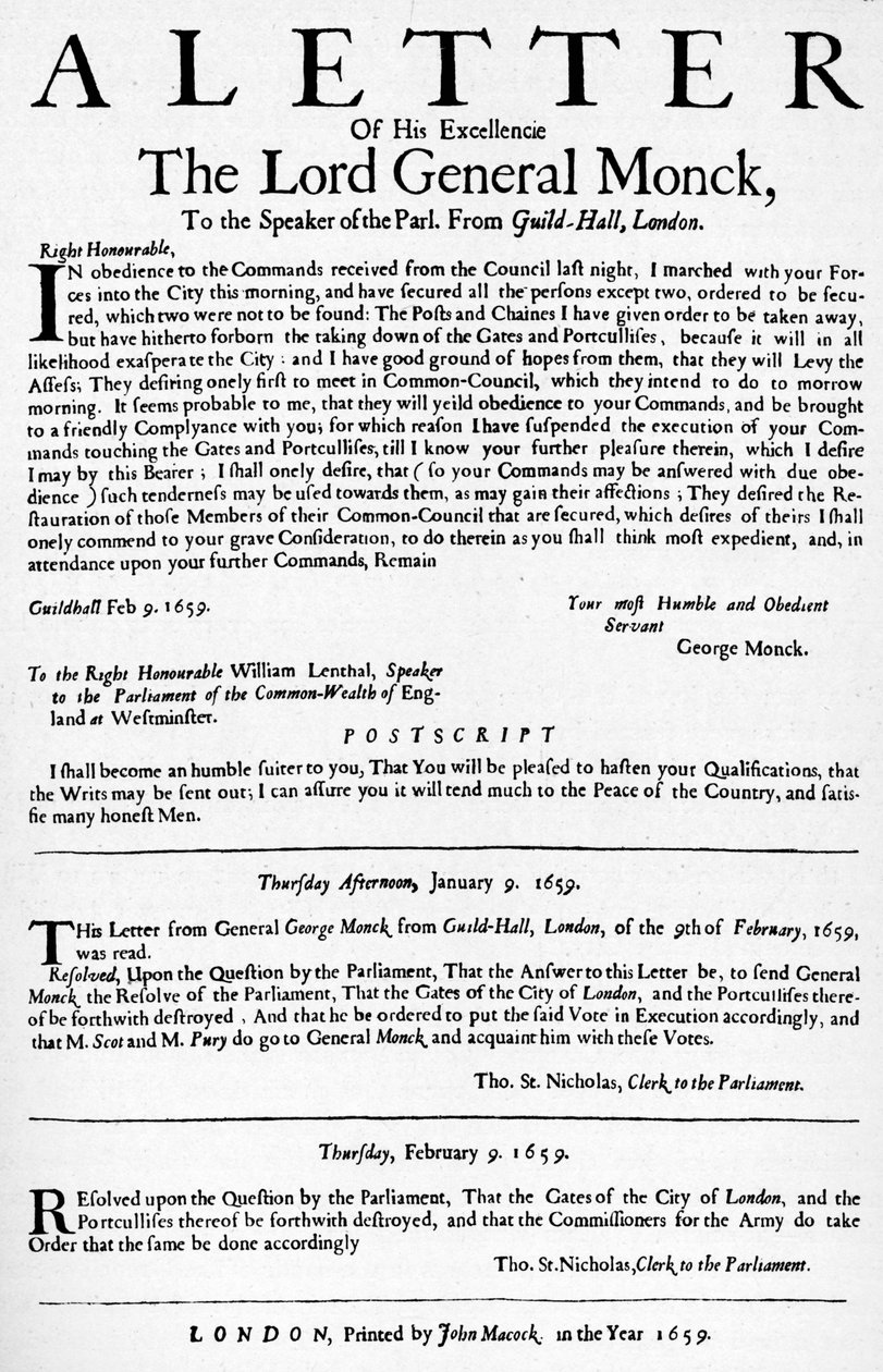 Kenraali Monckin kirje alahuoneen puhemiehelle, 1659 1903 tekijältä Unbekannt