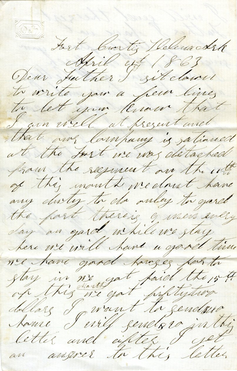 Allekirjoitettu kirje David T. Massey, Fort Curtis, Helena, Ark., isälleen (Nathan Massey), 21. huhtikuuta 1863. tekijältä Unbekannt