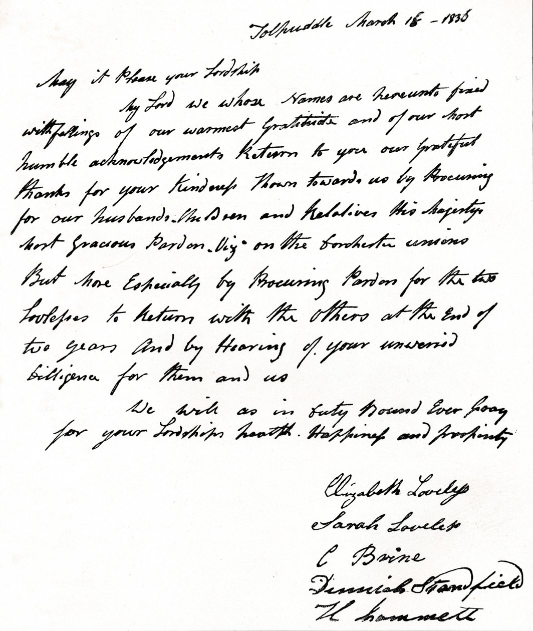 Tolpuddle-marttyyrien vaimojen kirjoittama kirje sisäministeri John Russellille 1792-1878, tekijältä Unbekannt