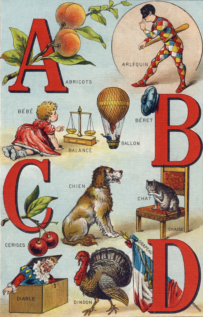 Kirjaimet A B C D; Aprikoosit; Harlekiini; Saldo; Ilmapallo; Bebe; Kirsikat; kissan tuoli; Koira; Viltti; Paholainen; Turkki; Lippu. Kaiverrus "Alphabet de ma petite fille". Bernardin-Bechet ja Fils, kirjakauppias-kustantajat, Pariisi, noin 1895. Rikkoutum tekijältä Unbekannt