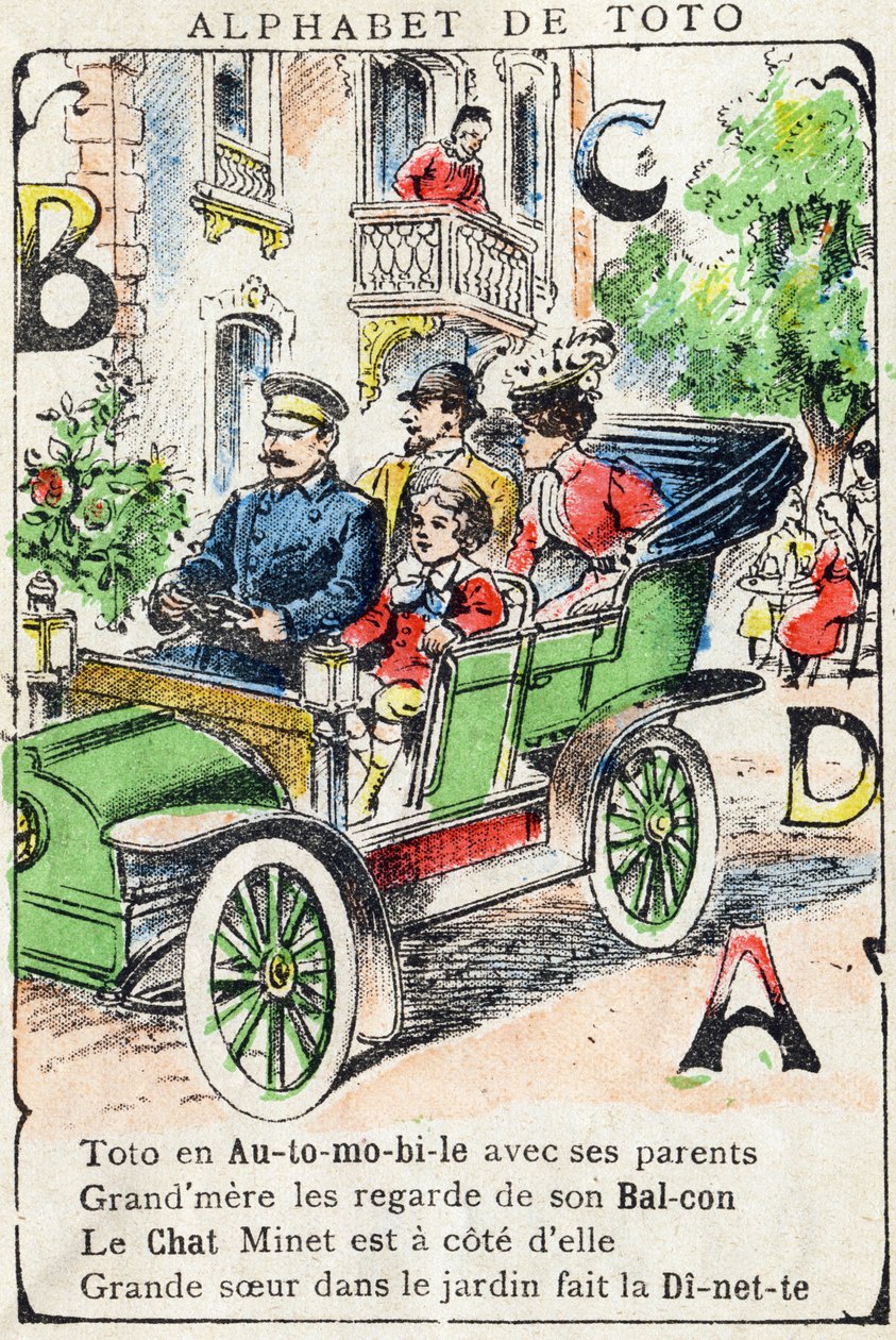 Kirjaimet A B C D Auton Parveke Kissan ruokapöytä. Kaiverrus "Alphabet de Toto", 1800-luvun loppu. Pont-a-Mousson-kuvaus. Louis Vagne, painokustantaja. 12 sivua. Mainosalbumi, joka sisältää maineikkaan abeceedaryn ja yksinkertaistetun lukutavan. Himmeä: tekijältä Unbekannt