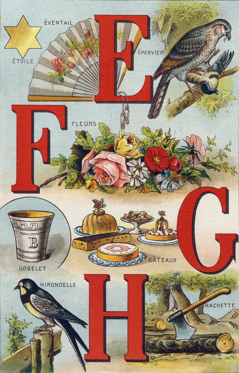kirjaimet E F G H; Niellä; Tuuletin; Kukat; Kakut; Kuppi; Hachette; Niellä. Kaiverrus "Alphabet de ma petite fille". Bernardin-Bechet ja Fils, kirjakauppias-kustantajat, Pariisi, noin 1895. Rikkoutumaton albumi kankaalle. Bibliotheque des Bebes. 12 sivua.  tekijältä Unbekannt