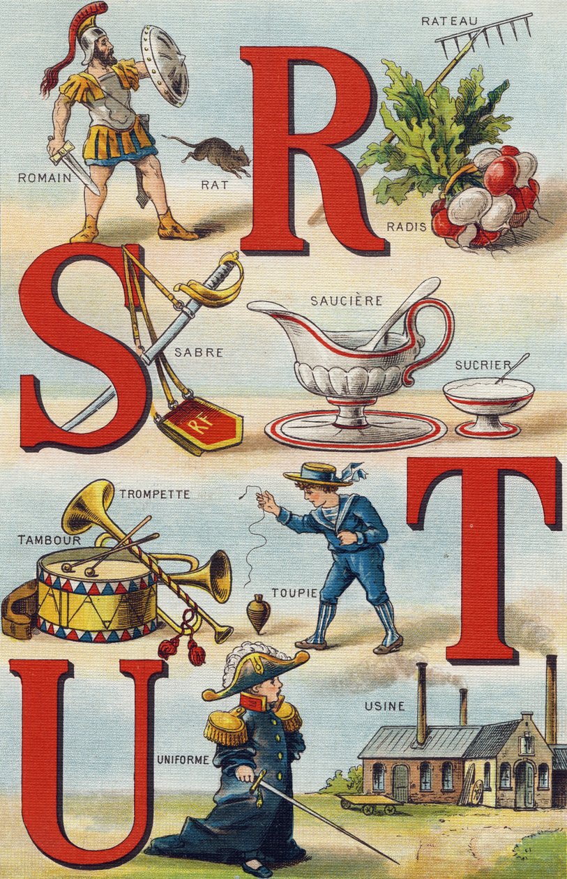 Kirjaimet R S T U; Retiisi harava; Roomalainen; Sapeli; Sauciere sokeri; Trumpetti rumpu; Top; yhtenäinen; Tehdas. Kaiverrus "Alphabet de ma petite fille". Bernardin-Bechet ja Fils, kirjakauppias-kustantajat, Pariisi, noin 1895. Rikkoutumaton albumi kankaa tekijältä Unbekannt