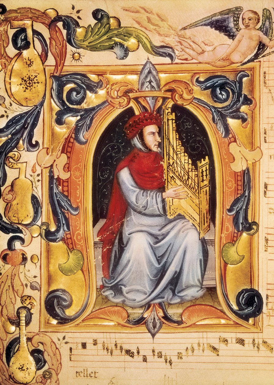 Lettriine, jossa mies ja urut alkavat partituurin Codex Squarcialupista (Antonio Squarcialupi tekijältä Unbekannt
