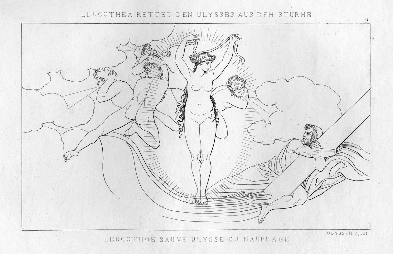 Leucothea, merijumala, pelastaa Odysseuksen myrskystä, vuodelta 1833 tekijältä Unbekannt