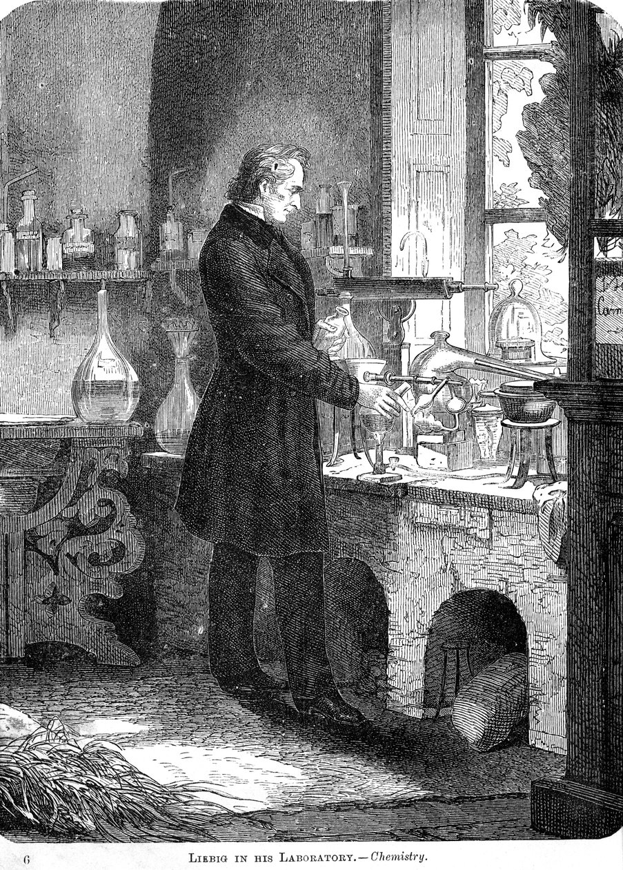 Liebig teoksessa Laboratory-Chemistry, 1800-luvun puoliväli v. 1885 tekijältä Unbekannt