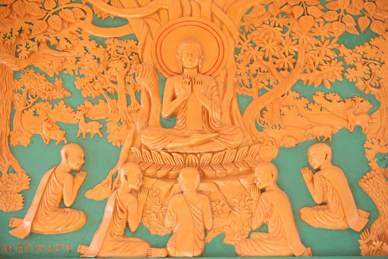 Buddhan elämä. Buddha 5 opetuslapsensa kanssa Benares Phnom Penhissä Kambodžassa tekijältä Unbekannt