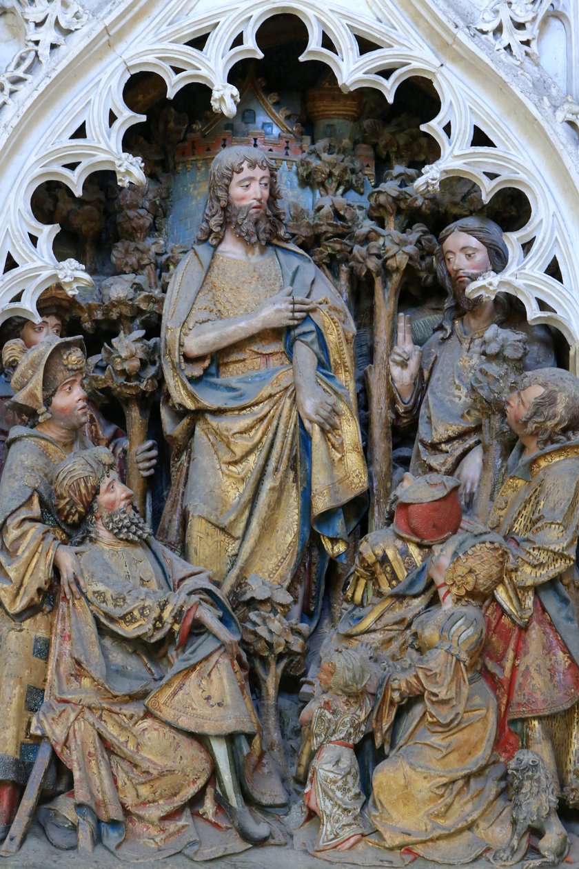 Pyhän Johannes Kastajan elämä : ""St. Johannes Kastaja näyttää Jumalan sormusta."" Pohjoisen kuoron pohjoispään korkea kohokuva (1531). Amiensin katedraali, Amiens, Ranska tekijältä Unbekannt
