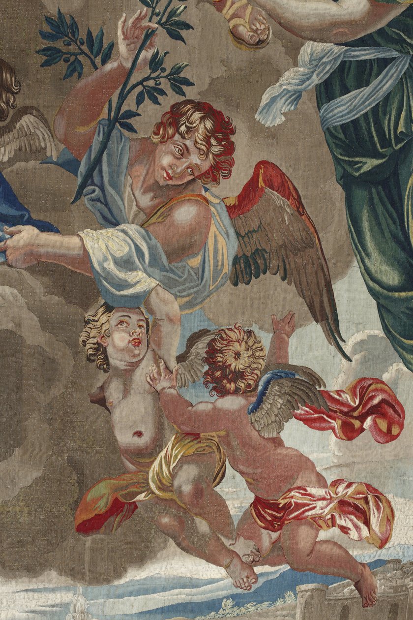 Neitsyen elämä: "Neitsyen kruunaus" (Neitsyen kruunaus) Yksityiskohta enkeleistä Pierre Damourin työpajassa tehty villa- ja silkkikudos Charles Poersonin (1609-1667) piirustuksista tekijältä Unbekannt