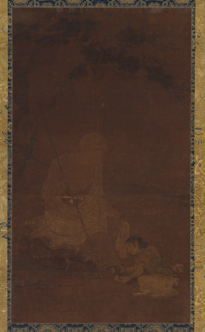 Lohan istui, hoitaja polvistumassa hänen edessään, Yuan- tai Ming-dynastia, 1279-1644. tekijältä Unbekannt