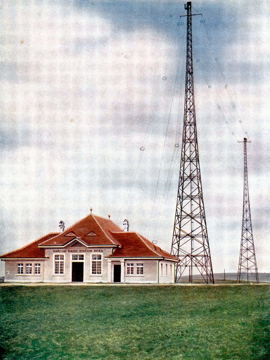 Pitkäaaltolähetinmastoja Marconi-radioasemalla Bernissä, Sveitsissä, c1925 tekijältä Unbekannt
