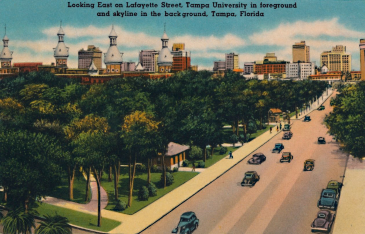 Katse itään Lafayette Streetiltä, Tampan yliopisto ja horisontti, Tampa, Florida, 1940-luku tekijältä Unbekannt