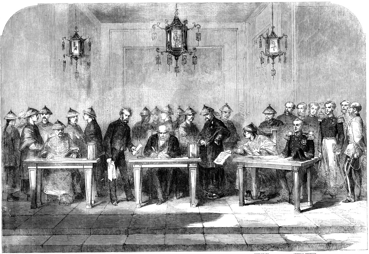 Lordi Elgin allekirjoitti Tianjinin sopimuksen toisen oopiumisodan lopettamiseksi, 1858 tekijältä Unbekannt