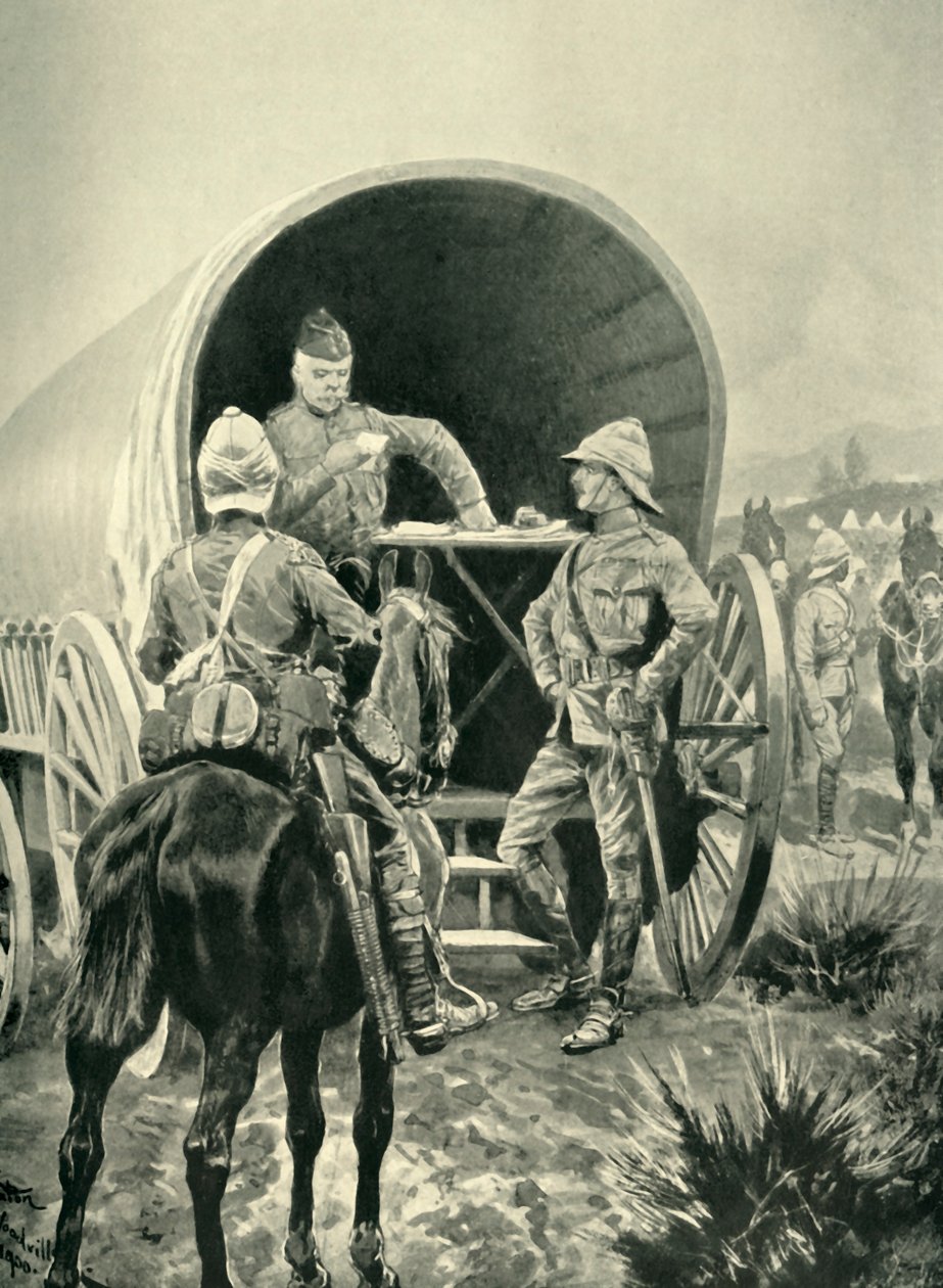 Lord Roberts kirjoittaa lähetyksiä kuljetusvaunussa, jossa hän nukkui, 1901. tekijältä Unbekannt