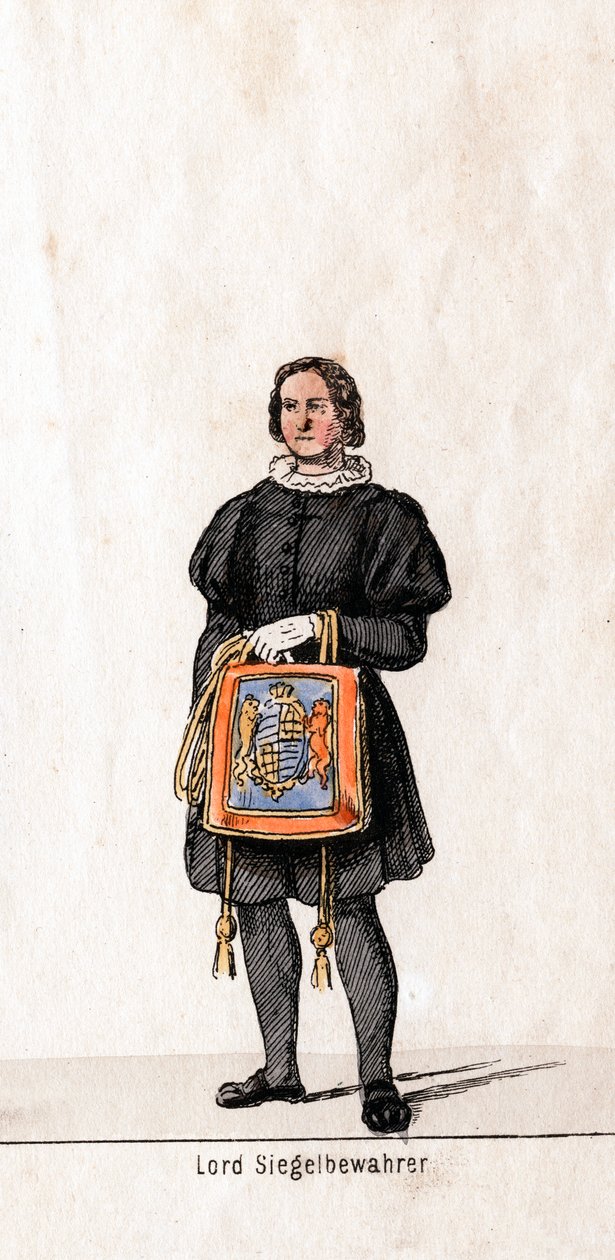 Lord Seal vartija, pukusuunnittelu Shakespearen näytelmään, Henry VIII, 1800-luku tekijältä Unbekannt