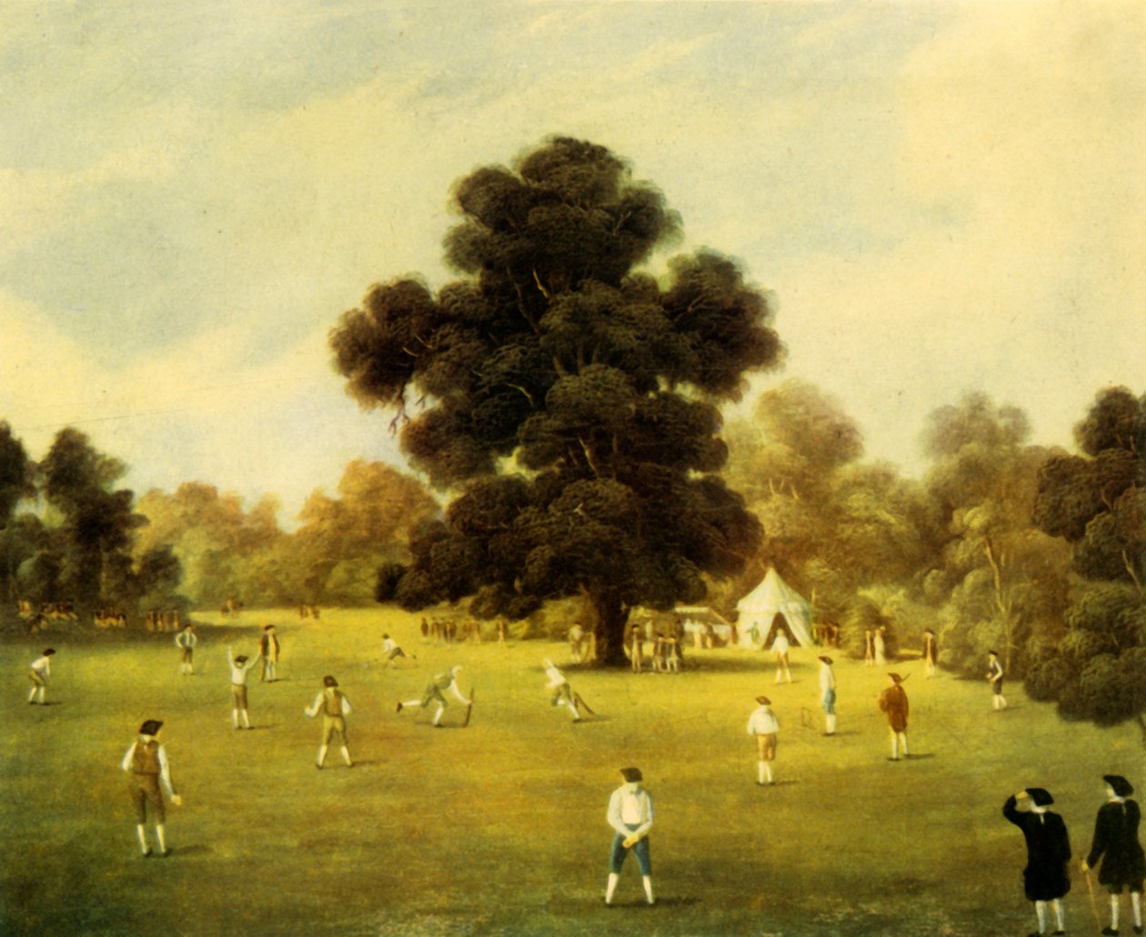 "Surreyn ja Kentin herrat ja herrat pelaamassa krikettiä Knole Parkissa, Kentissä, 1775", 1947. tekijältä Unbekannt