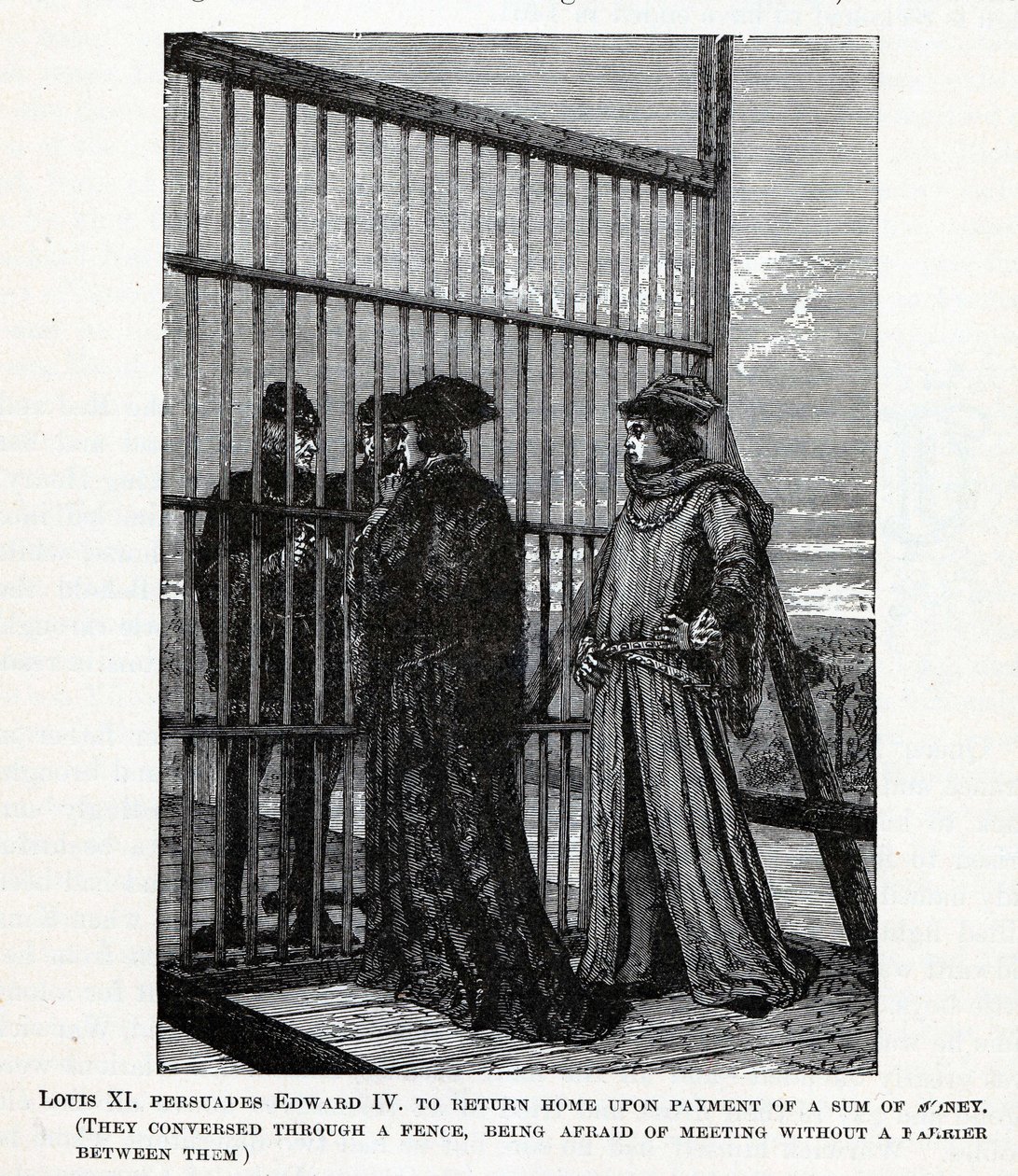 Ludvig XI suostuttelee Edward IV:n palaamaan kotiin rahasummalla, 1882 tekijältä Unbekannt