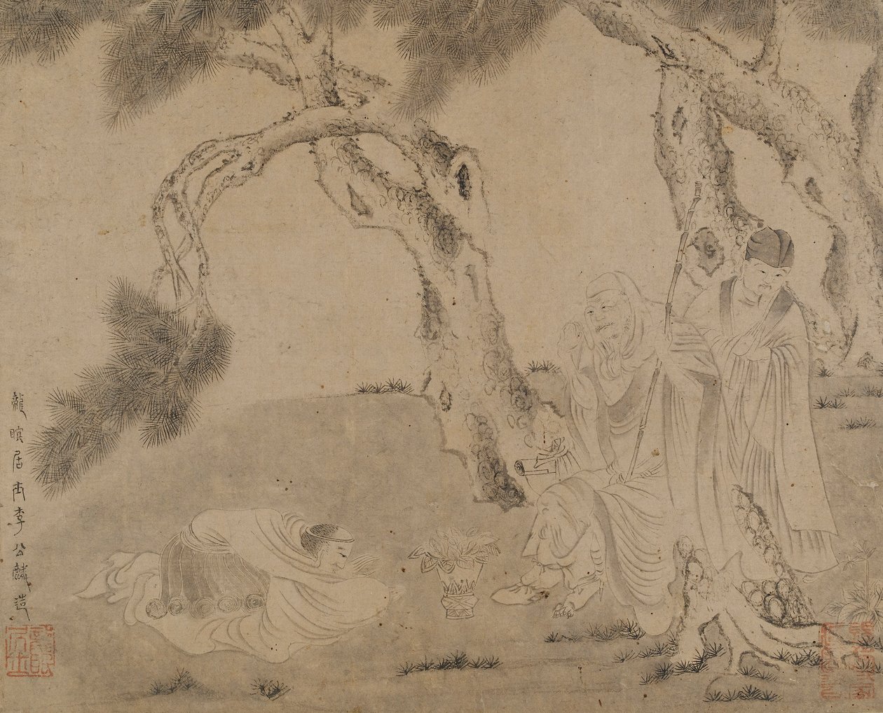 Luohan, palvelija ja palvoja mäntyjen alla, Yuan- tai Ming-dynastia, 1279-1644. tekijältä Unbekannt