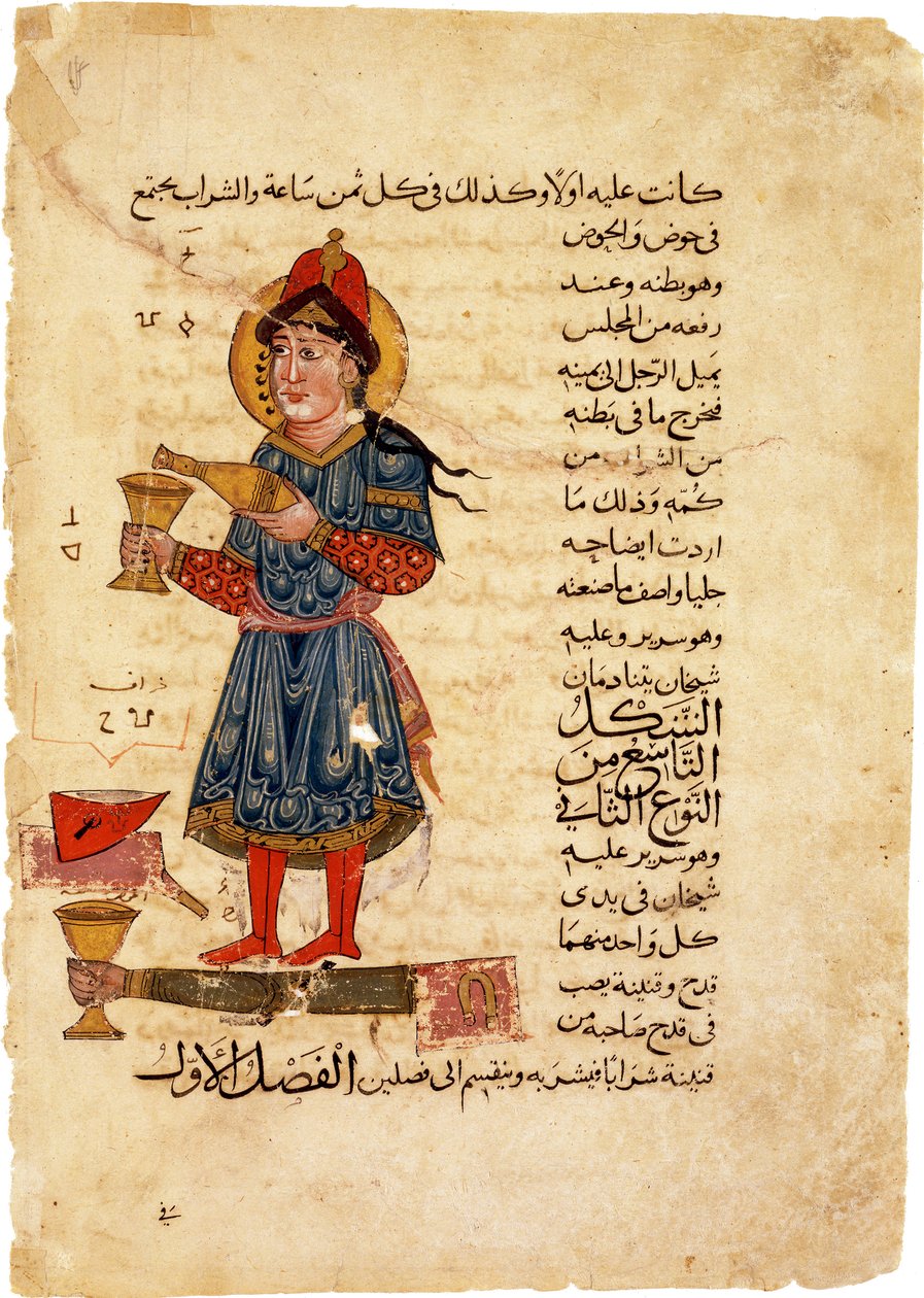 Kone kaatamalla viiniä. Lähde: Al-Jazarin The Book of Knowledge of nerokkaat mekaaniset laitteet tekijältä Unbekannt