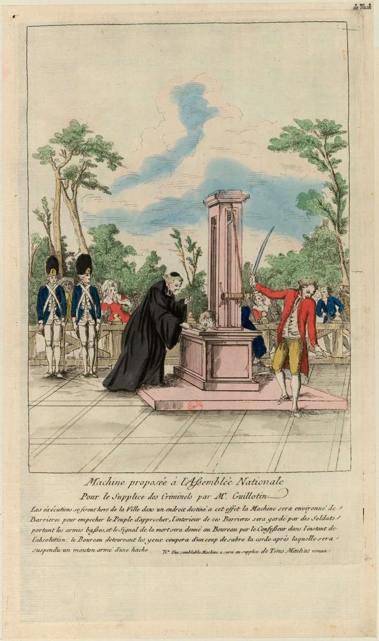 Guillotinin kansalliskokoukselle ehdottama kone rikollisten kidutusta varten. 1790. tekijältä Unbekannt