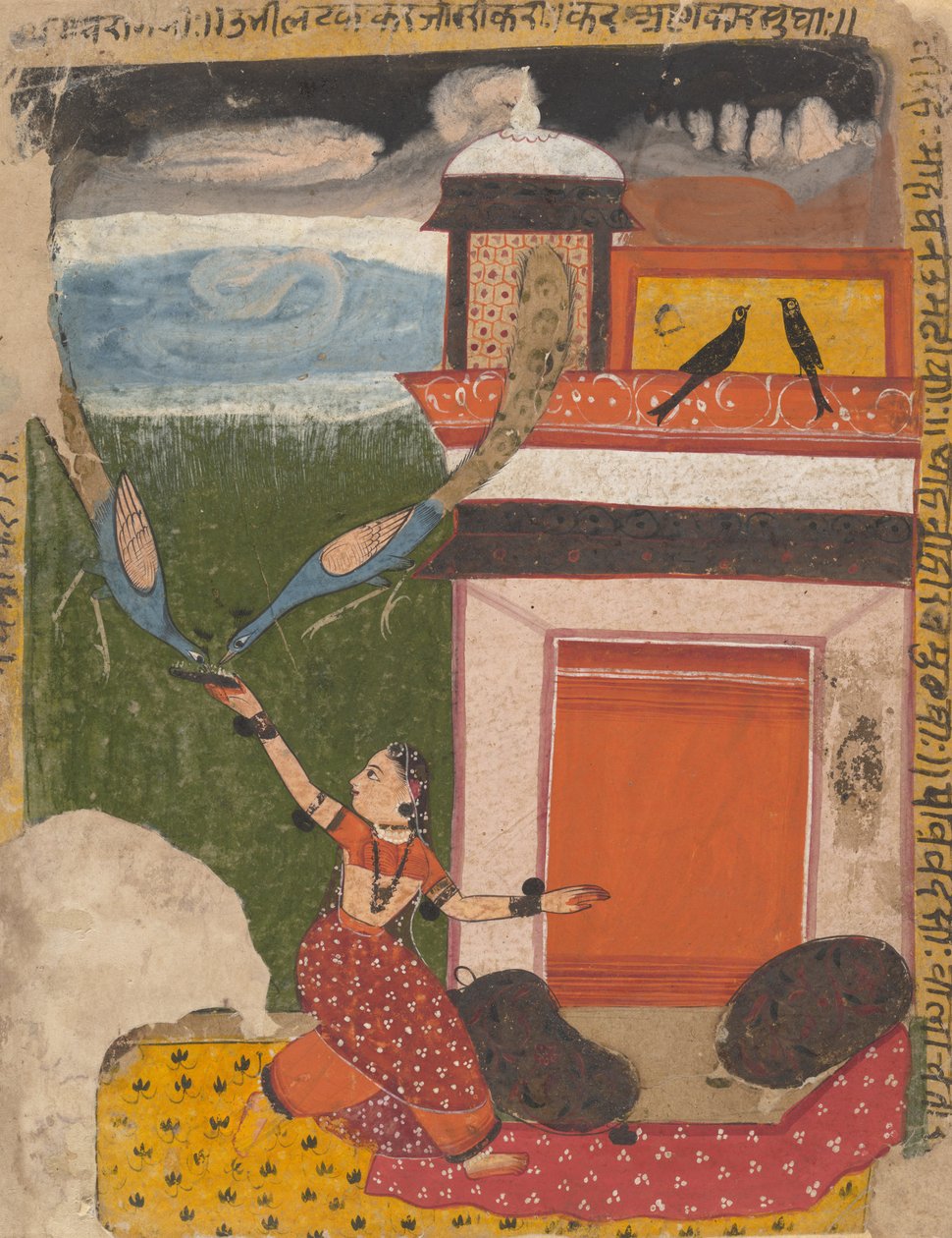 Madhumadhavai Ragini... hajallaan olevasta Ragamala-sarjasta Musiikkimuotojen seppele, c1640-5 tekijältä Unbekannt