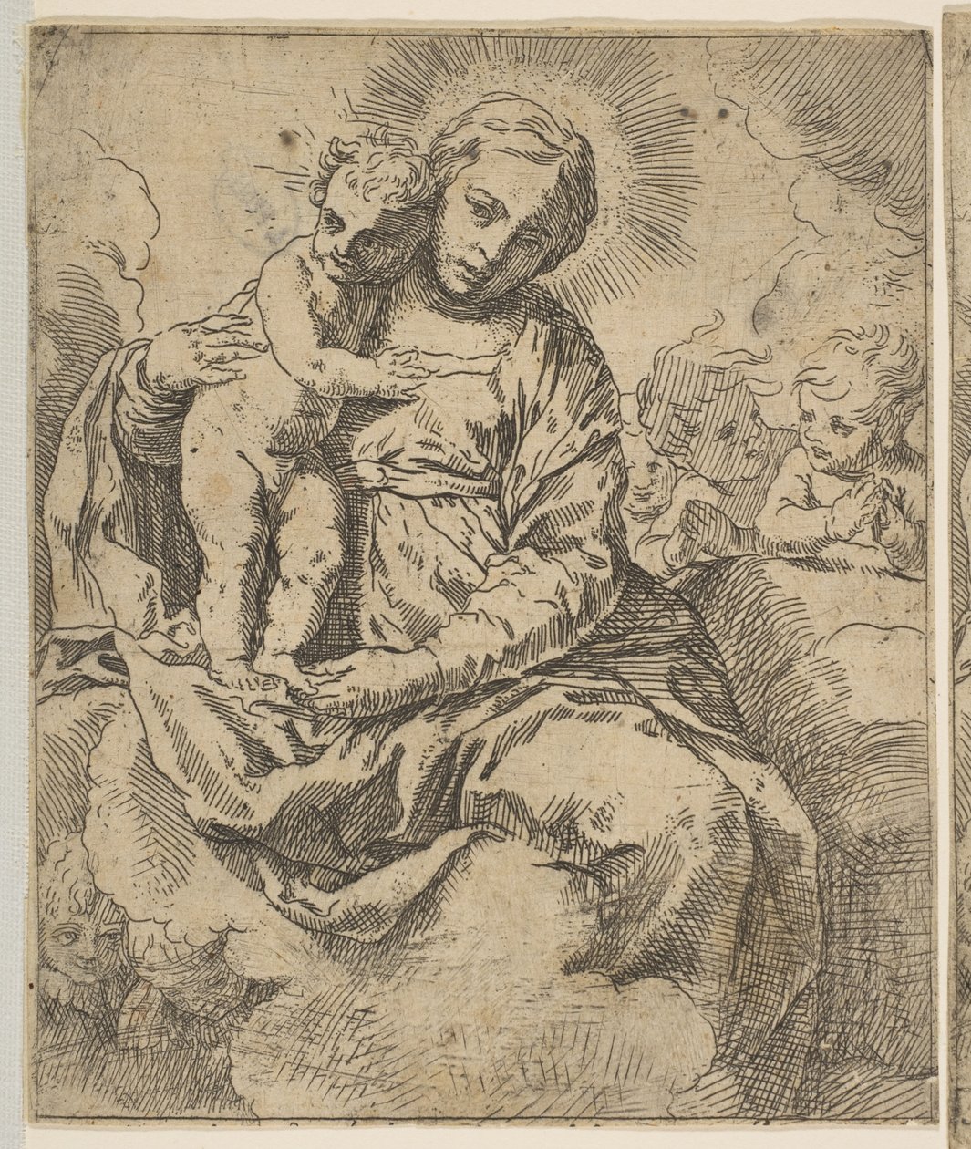 Madonna ja lapsi istuvat pilvissä ja enkelien ympäröimänä, kopio käänteisenä..., noin 1639 tai sen jälkeen. tekijältä Unbekannt